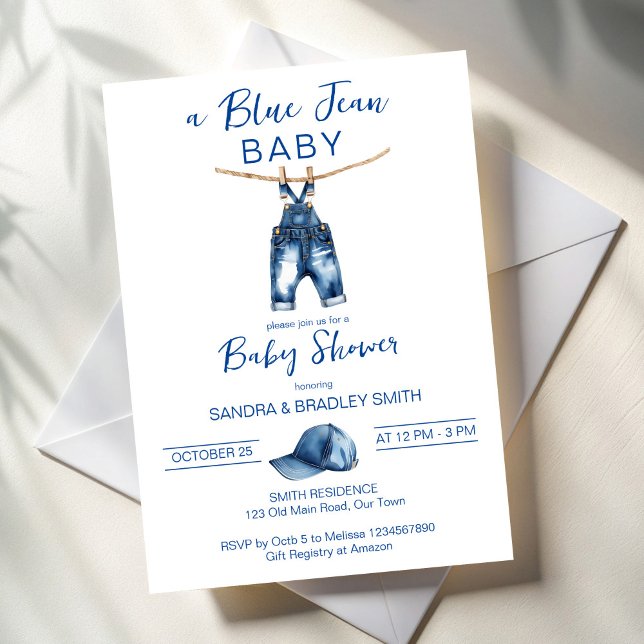 Blue Jean Es ist eine Baby-Dusche Einladung (Blue jean It's a boy baby shower Invitation cards template minimalist denim baby shower invites)