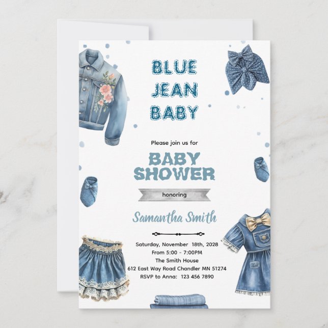 Blue jean girl baby shower invitation (Devant)