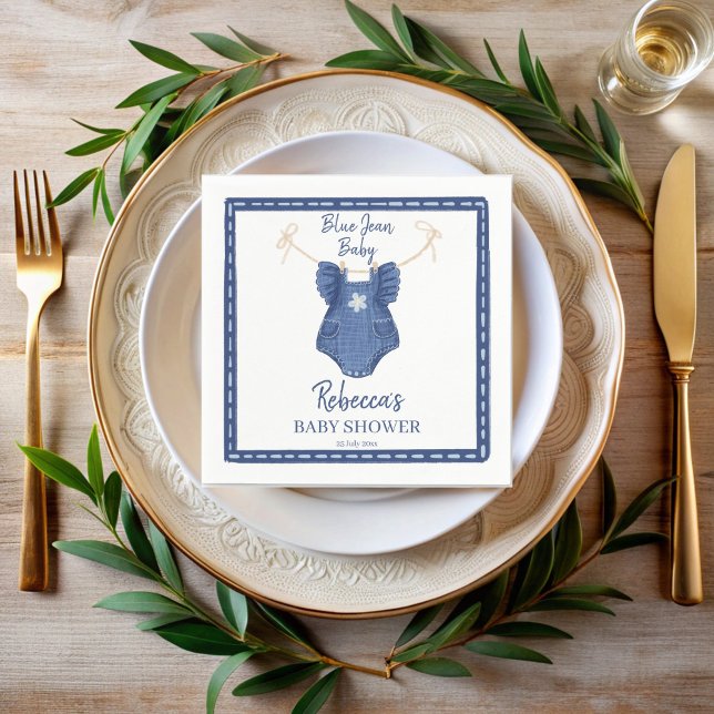 Blue Jean Girls Kleidung auf der Line Baby Dusche Serviette (Blue jean girls clothes on a line preppy denim baby shower monogrammed napkins personalized decor)