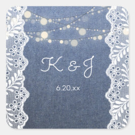 Blue Jean Lace & String Lights Monogram Quadratischer Aufkleber