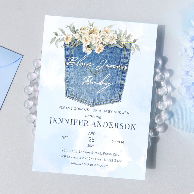 Blue Jeans Baby Dusche Denim Country Floral Einladung (Blue Jeans Baby Shower Denim Country Floral Invitation)
