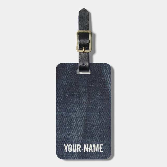 Blue Jeans Vintag Denim Stoff Textur Gepäckanhänger (Vorderseite vertikal)