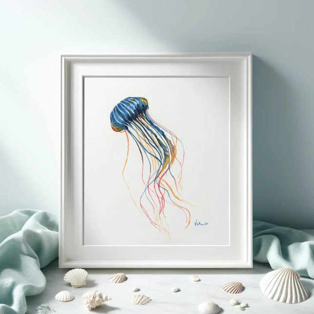 Blue Jellyfish Highlights Poster (Watercolor paintings by Victoria Grigaliunas jellyfish print in shades of blue Shop Do Tell A Belle)