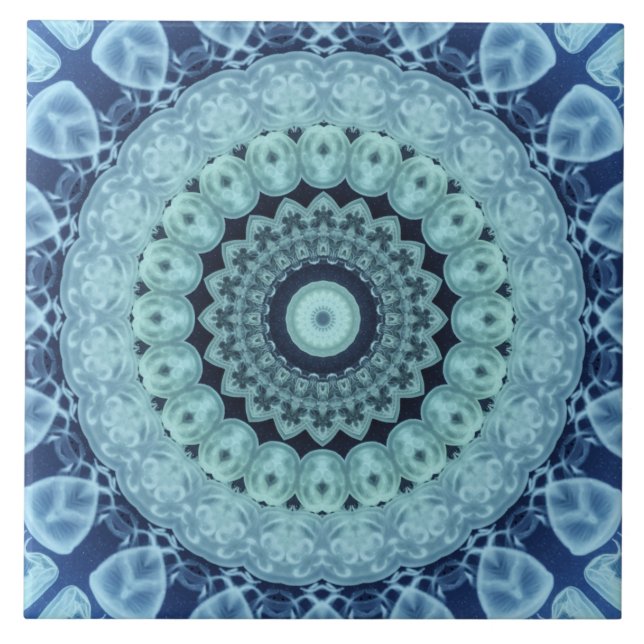 Blue Jellyfish Mandala Ocean Inspiriert Symmetry Fliese (Vorderseite)