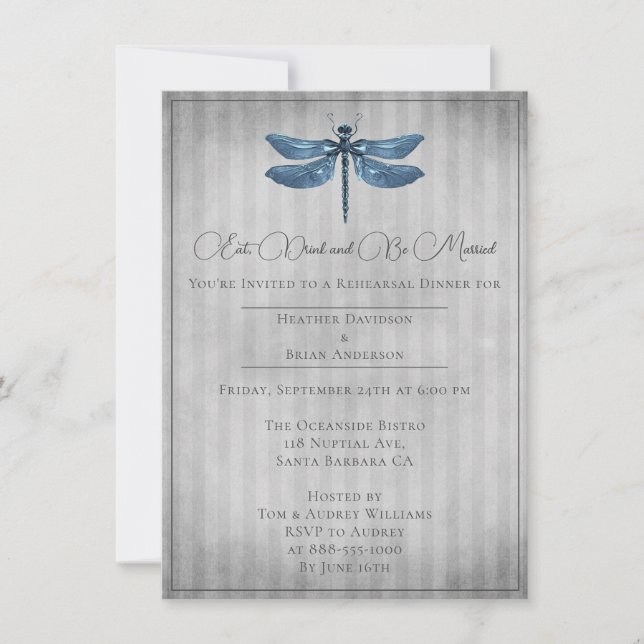 Blue Jeweled Dragonfly Rehearsal Dinner Einladung (Vorderseite)
