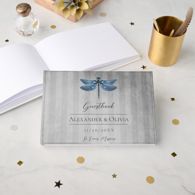 Blue Jeweled Dragonfly Wedding Gästebuch (Vorderseite Offen)