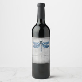 Blue Jeweled Dragonfly Wedding Weinetikett