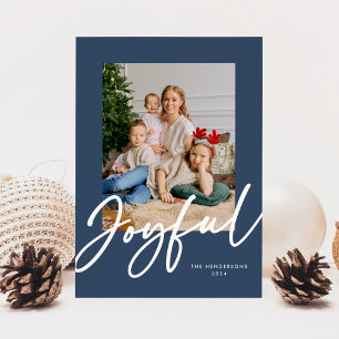Blue Joyful Script Foto Holiday Card Feiertagskarte