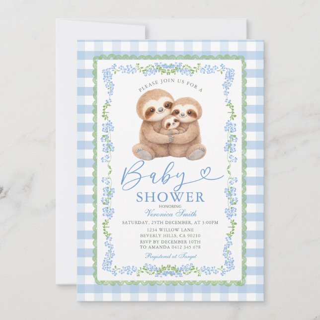Blue Jungle Watercolor Sloth Baby Shower Einladung (Vorderseite)