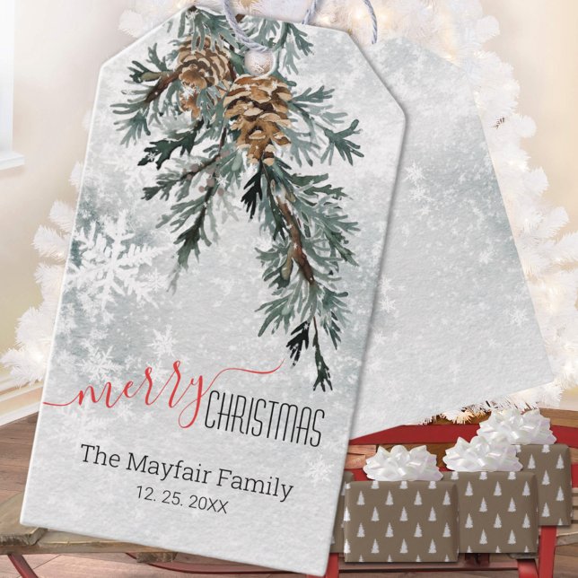 Blue Juniper Bough Pine Cones Snowy Woodland Geschenkanhänger (Blue Juniper Bough Pine Cones Snowy Woodland Christmas Holiday Gift Wrapping Name Tag
)