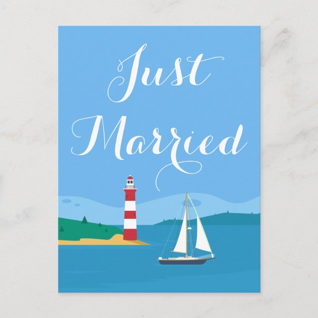 Blue Just Married Lighthouse & Sailboat Wedding Ankündigungspostkarte (Vorderseite)