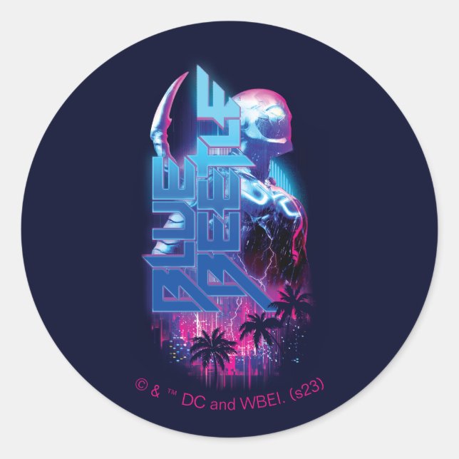 Blue Käfer Retrowave City Lights Runder Aufkleber (Vorderseite)