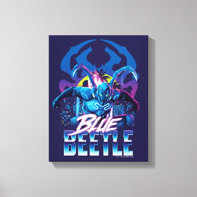 Blue Käfer Retrowave City Sunset Leinwanddruck (Vorderseite)