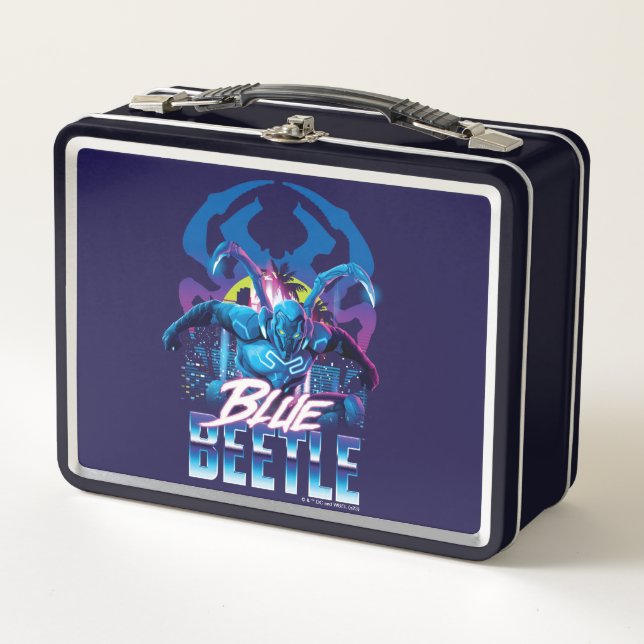 Blue Käfer Retrowave City Sunset Metall Brotdose (Vorderseite)