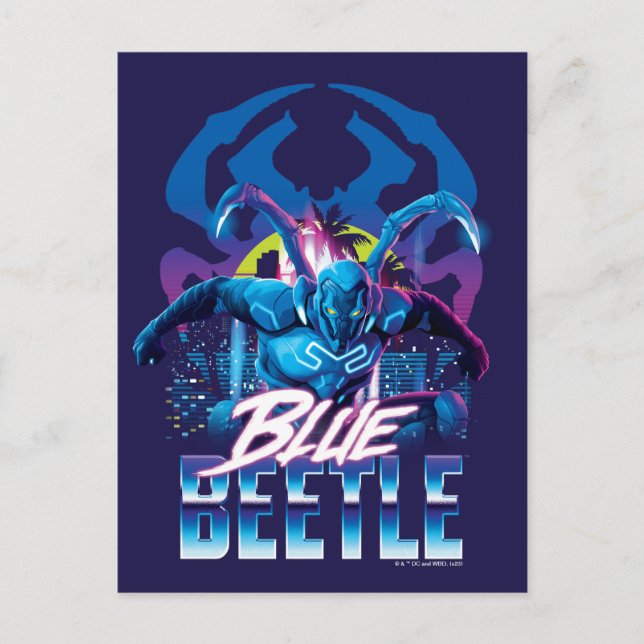 Blue Käfer Retrowave City Sunset Postkarte (Vorderseite)