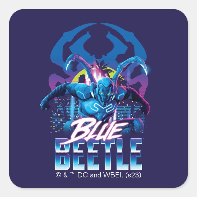 Blue Käfer Retrowave City Sunset Quadratischer Aufkleber (Vorderseite)