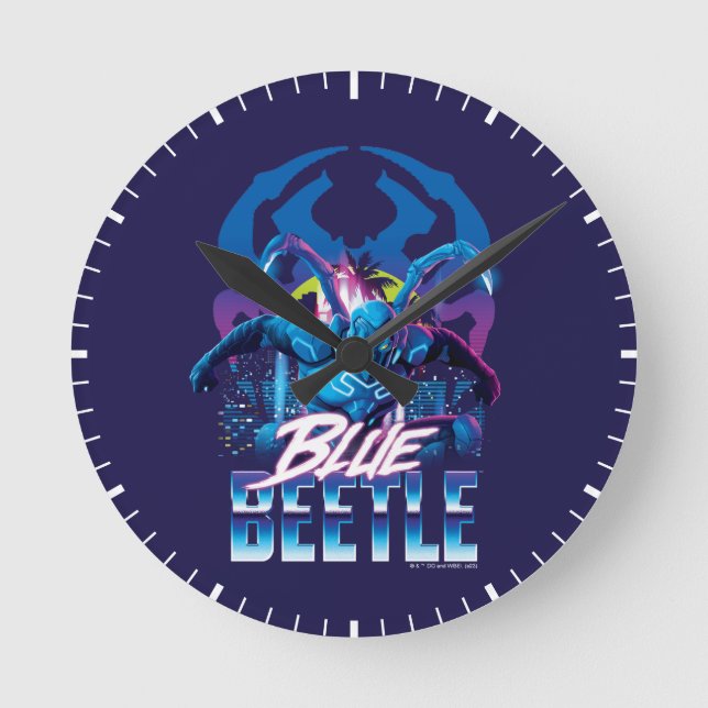 Blue Käfer Retrowave City Sunset Runde Wanduhr (Vorderseite)