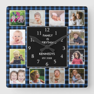 Blue Kariert 12 Foto Collage Familienangebot Weihn Quadratische Wanduhr