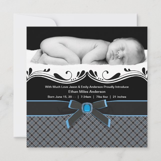 Blue Kariert Baby Boy Foto Geburtserklärung Ankündigung (Vorderseite)