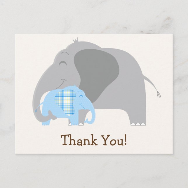 Blue Kariert Baby Elephant Baby Dusche Postkarte (Vorderseite)