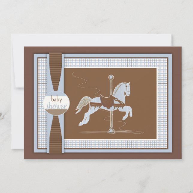 Blue Kariert Carousel Horse Baby Dusche Einladung (Vorderseite)
