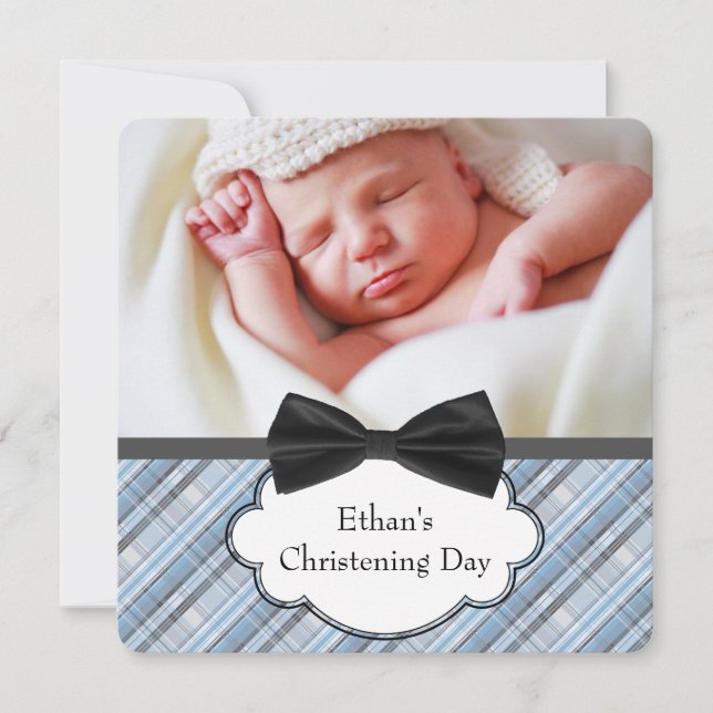 Blue Kariert Christening Einladung (Vorderseite)