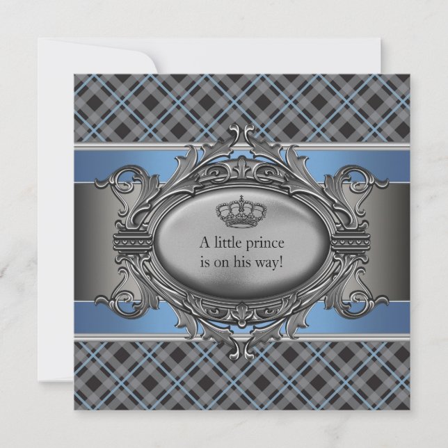 Blue Kariert Crown Litce Prince Boy Baby Dusche Einladung (Vorderseite)