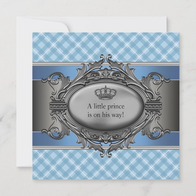 Blue Kariert Crown Litce Prince Boy Baby Dusche Einladung (Vorderseite)