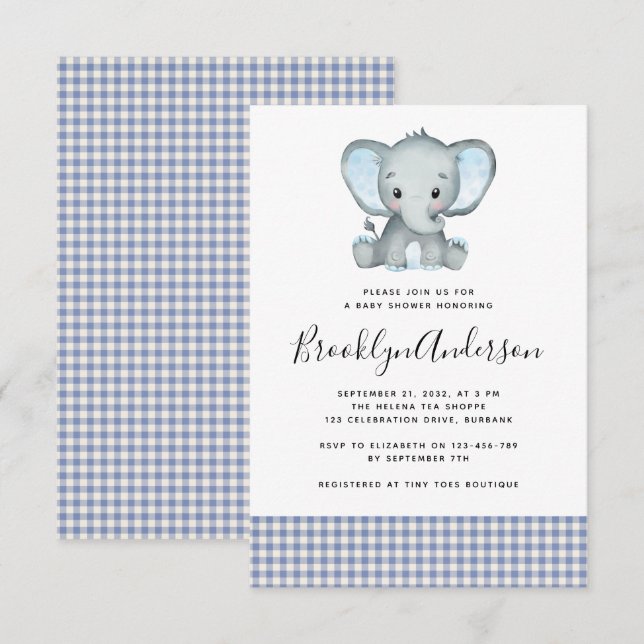 Blue Kariert Elephant Baby Dusche Einladung (Vorne/Hinten)