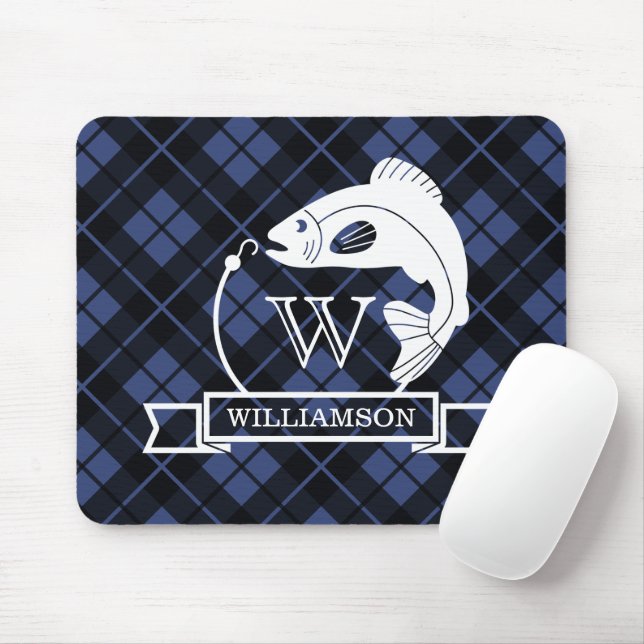 Blue Kariert Fish & Hok Monogram Mousepad (Mit Mouse)