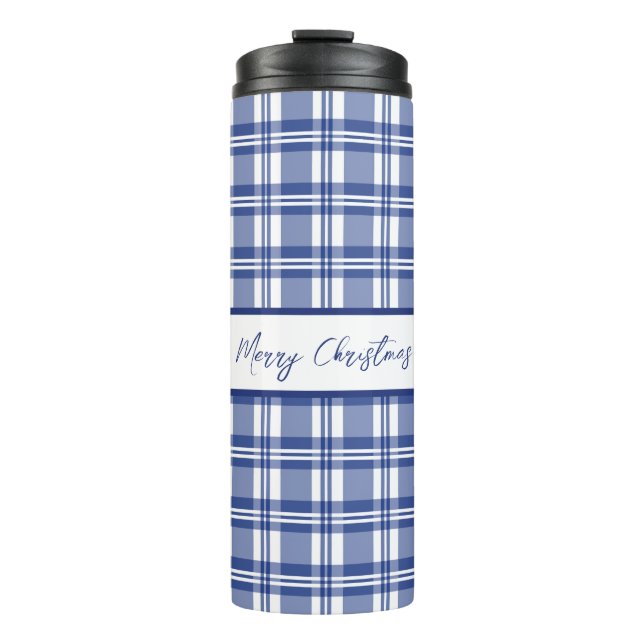 Blue Kariert Frohe Weihnachten Thermosbecher (Vorderseite)