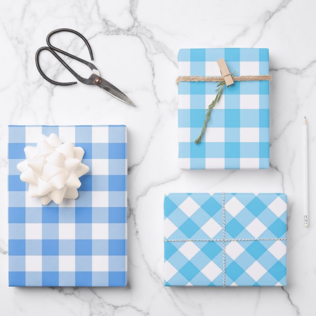Blue Kariert Gingham Geschenkpapier Set (Vorderseite)