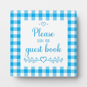 Blue Kariert Gingham Rustic Wedding Guest Book Sig Fotoplatte
