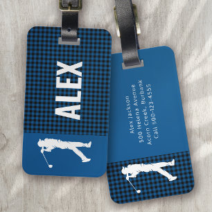 Blue Kariert Karo Monogram Golfer Gepäckanhänger
