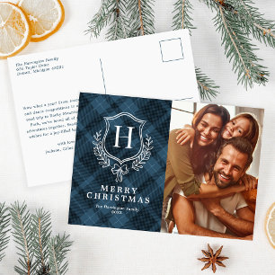 Blue Kariert Monogram Foto Christmas Feiertagspostkarte
