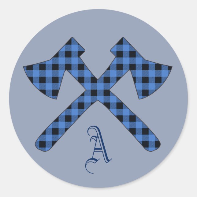 Blue Kariert Monogram Two Axes Runder Aufkleber (Vorderseite)