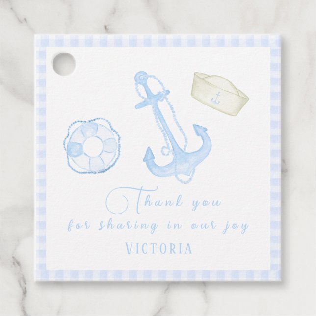 Blue Kariert Nautical Baby Boy Babydusche Geschenkanhänger (Vorderseite)