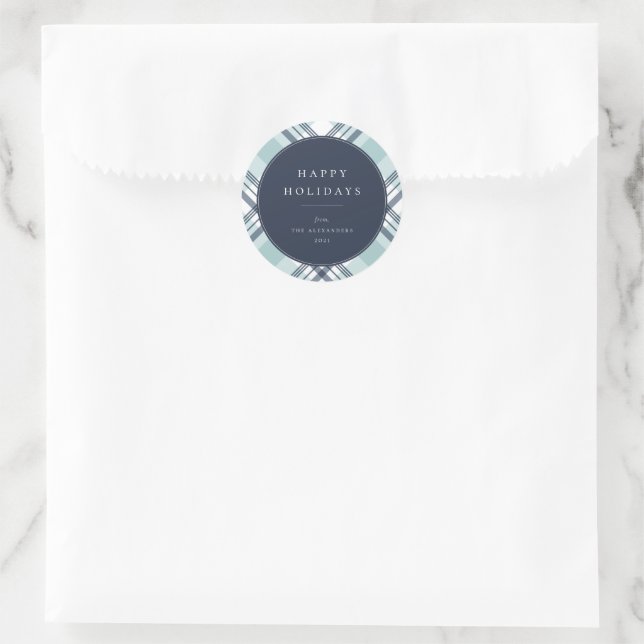 Blue Kariert Pattern Urlaub Runder Aufkleber (Tasche)