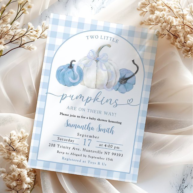 Blue Kariert Preppy Pumpkin Boy Twins Baby Dusche Einladung (Von Creator hochgeladen)