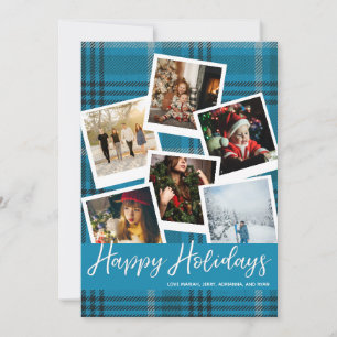 Blue Kariert Sofort Multi Foto Happy Holidays Card