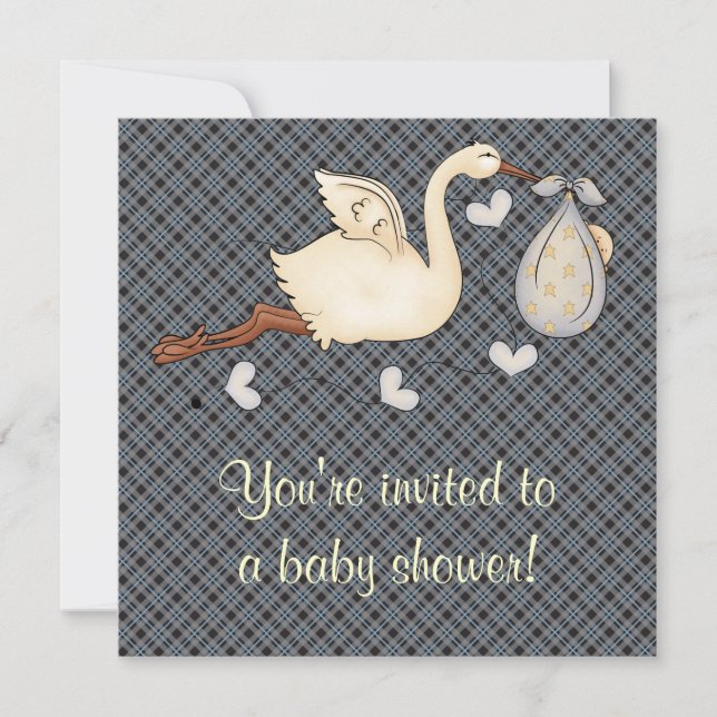 Blue Kariert Stork Baby Boy Dusche Einladung (Vorderseite)