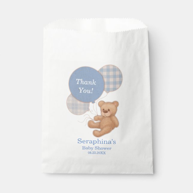 Blue Kariert Teddy Bear Baby Dusche Vielen Dank Geschenktütchen (Vorderseite)
