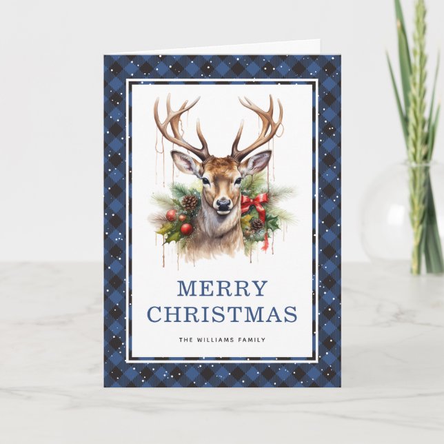 Blue Kariert Watercolor Deer Frohe Weihnachten Fot (Vorderseite)