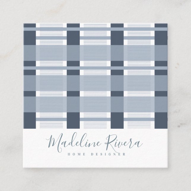 Blue Kariert Zuhause Designer Quadratische Visitenkarte (Vorderseite)