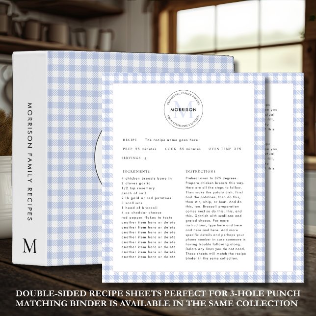Blue Karo Gingham Monogram Family Rezept Sheet (Preserving Family Recipes Blue Check Double-Sided Recipe Sheet Template. Example text will guide you)