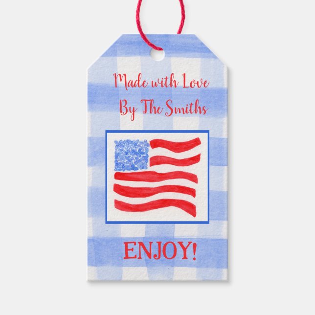 Blue Karo Gingham USA Flag MADE MIT LIEBE rot Geschenkanhänger (Vorderseite)