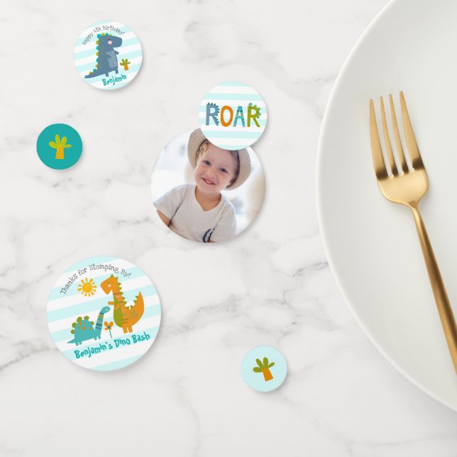 Blue Kawaii Dinosaur Boy Birthday Foto Name Niedli Konfetti (Gruppe)