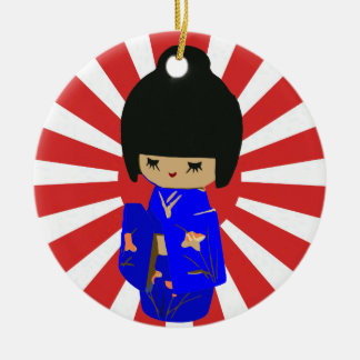 Blue Kawaii Kokeshi Doll Single auf der Seite des Keramikornament