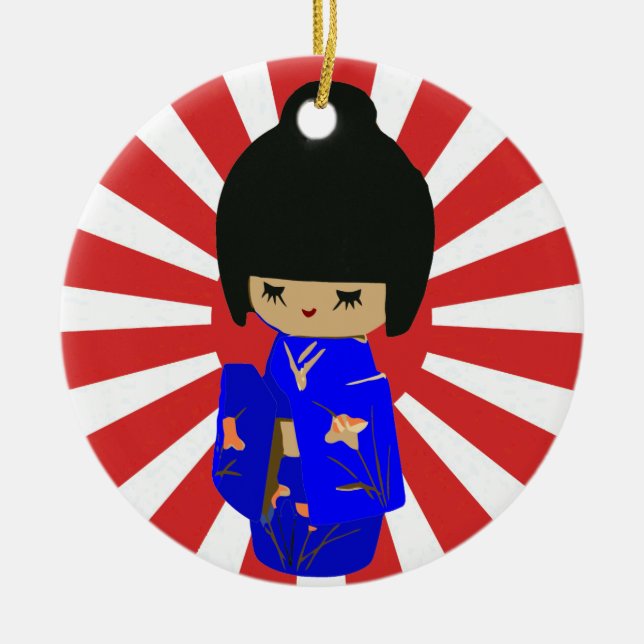 Blue Kawaii Kokeshi Doll Single auf der Seite des  Keramikornament (Vorne)