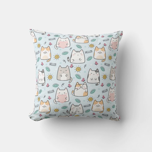 Blue Kawaii Niedlich Cats Hallo Muster Kissen (Vorderseite)